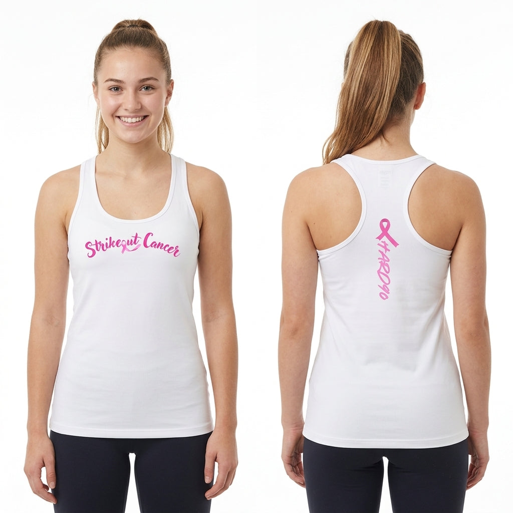 Front and back on-body views of the white Strikeout Cancer Tank Top